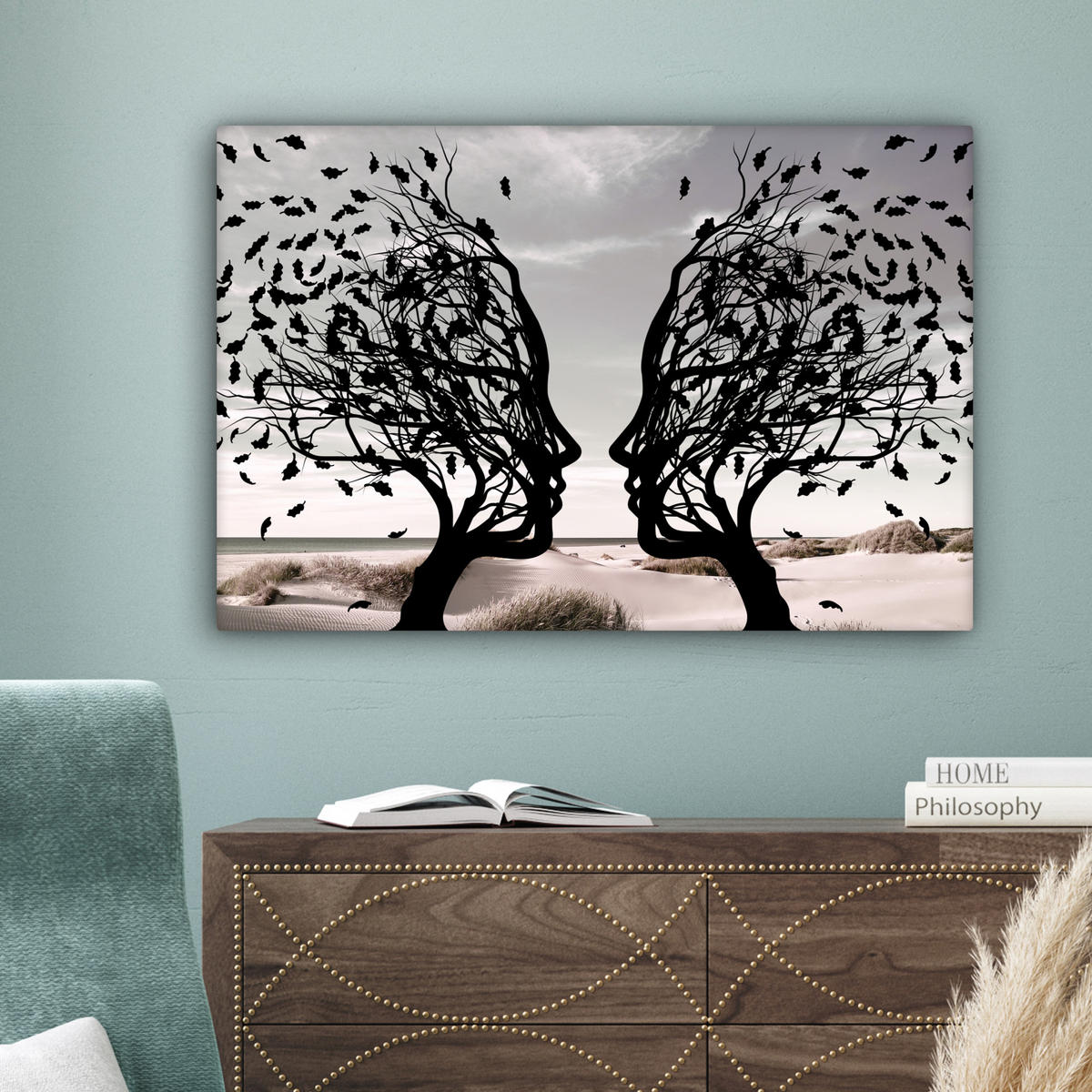 LEINWANDBILD Strand - Meer - Menschen - Baum - Moderne Kunst Gemälde 60x40 cm - Hellgrau, Textil (60/40cm) - MuchoWow