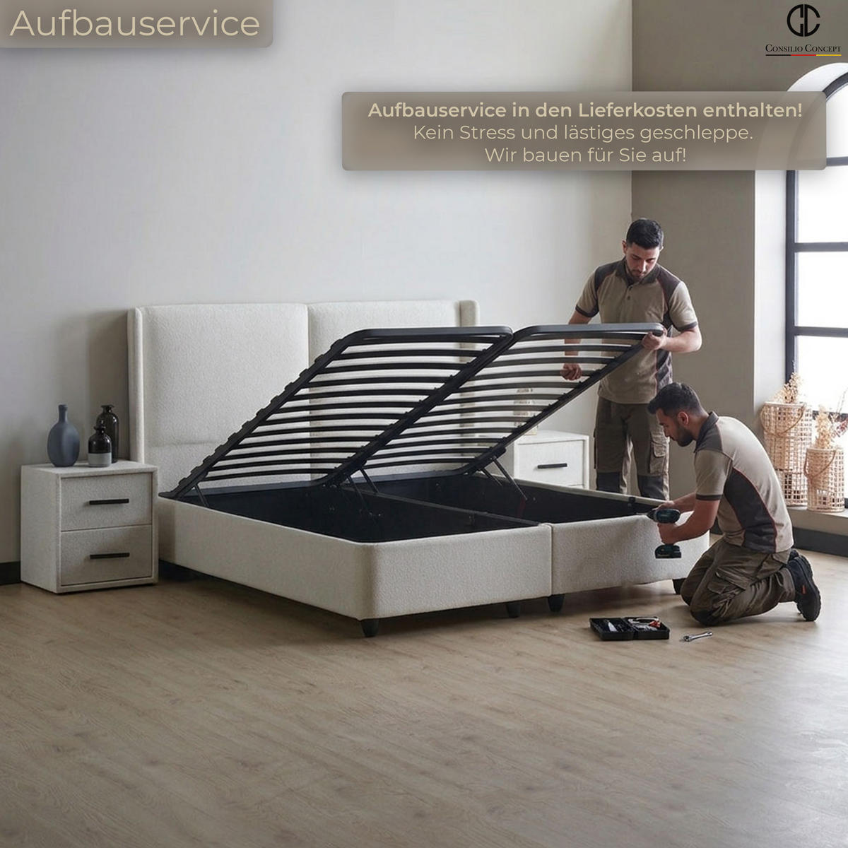 BOXSPRINGBETT MIT BETTKASTEN PISA 90/200 cm, Greige, Bettkasten, Matratze, Topper integriert, H3 mittel - Greige/Schwarz, Holz/Kunststoff (90/200cm) - Consilio Concept