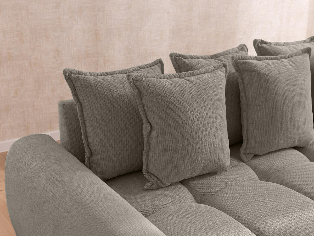 ECKSOFA inkl. Hocker Bubble mit Schlaffunktion und losen Rückenkissen, Sitzfläche in Bubble-Optik aus weichem Taupe Strukturstoff - Ottomane Links - Taupe/Schwarz, Holz/Kunststoff (180/306cm) - S-Style Möbel