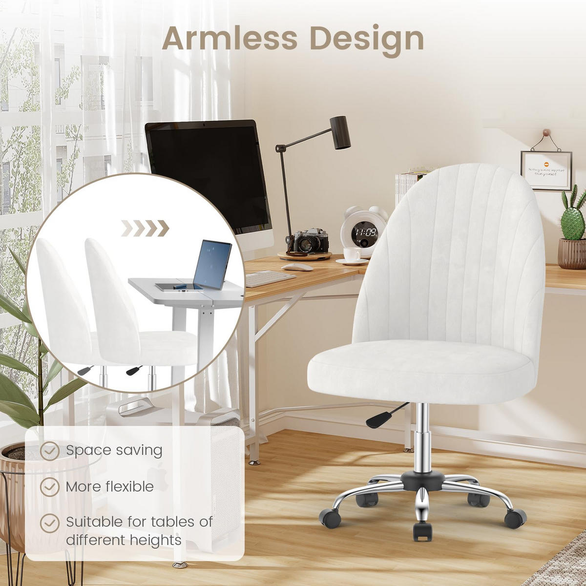 DREHSTUHL Beige Samt ergonomisch drehbar - Hellgelb, Metall (30/44.5/48.5cm) - Rattrix