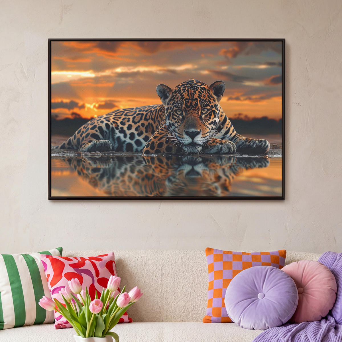 LEINWAND Bilder mit Rahmen - Natur - Leopard - Tier - Sonnenuntergang - Modern - 90x60 - Orange, Textil (90/60cm) - MuchoWow
