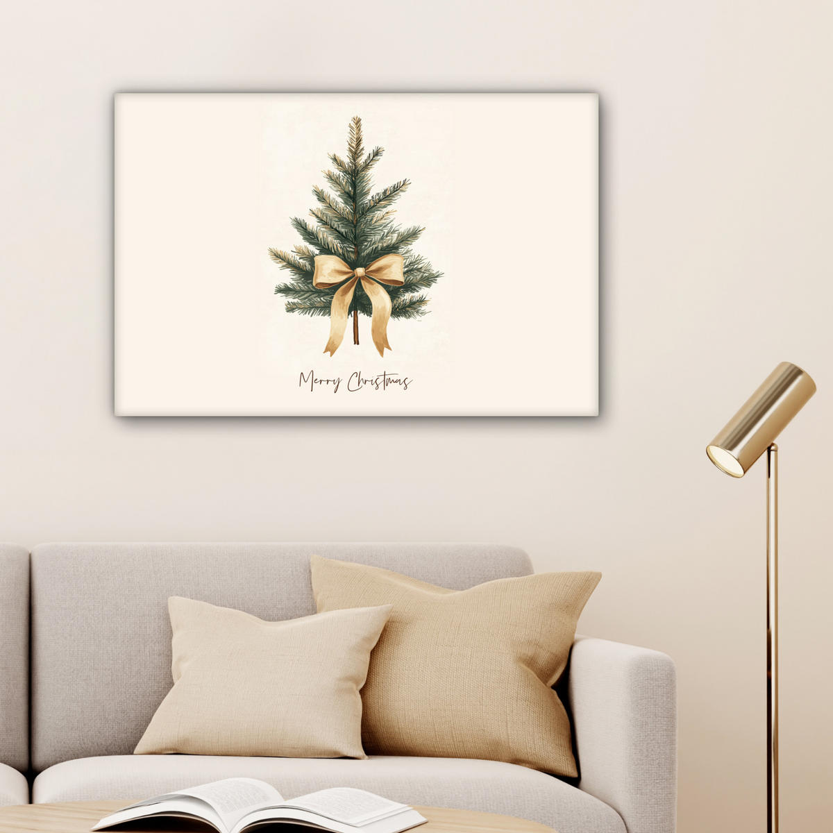 LEINWANDBILD Weihnachtsbaum - Weihnachten - Frohe Weihnachten - Beige Gemälde 60x40 cm - Sandfarben, Textil (60/40cm) - MuchoWow