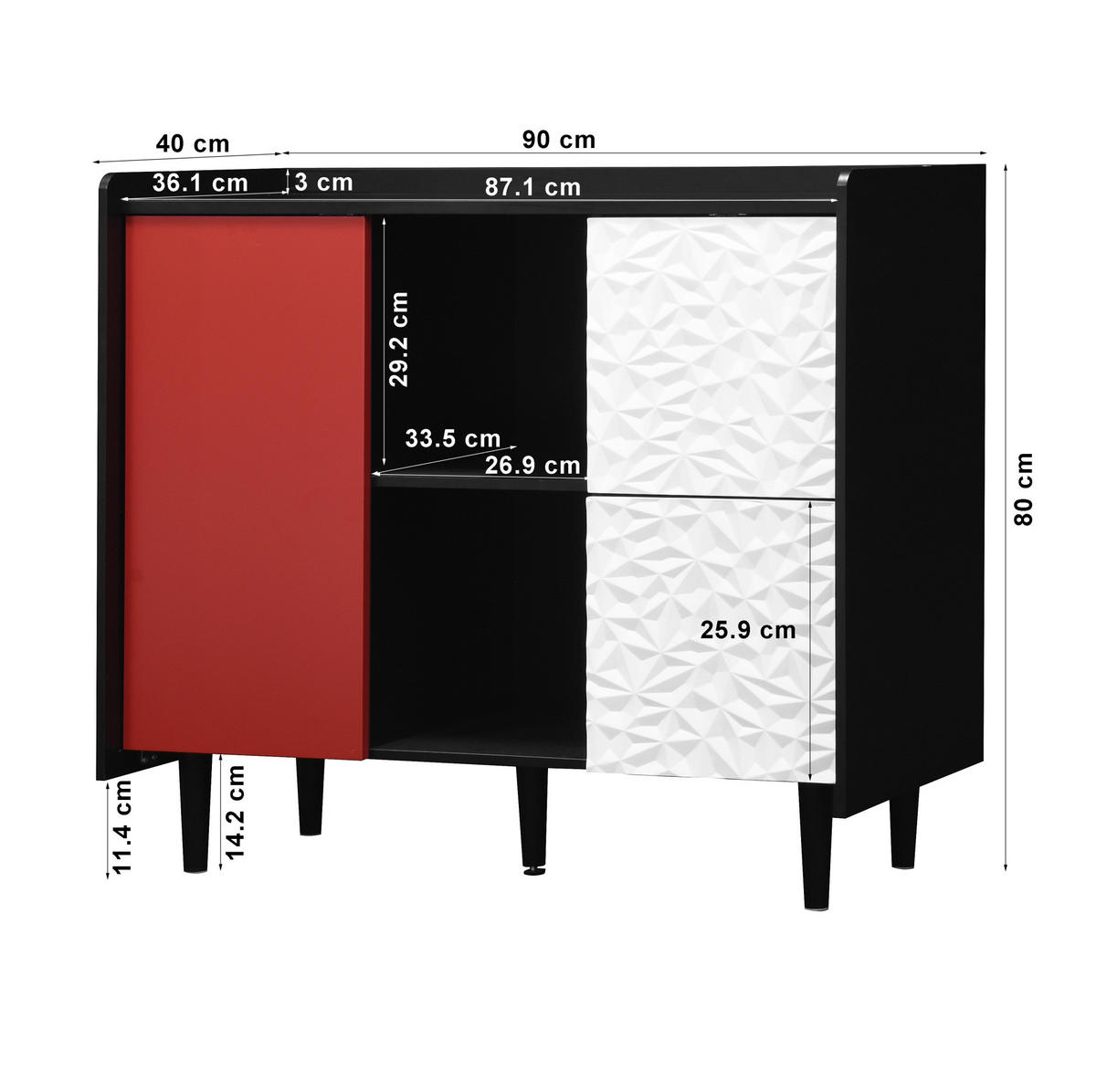 SIDEBOARD aus MDF 40x90x80 cm Schwarz/Rot mit 2 Schubladen, offenem Fach und Schranktür in modernem Design - Rot, Holzwerkstoff (90/80/40cm) - Modfu