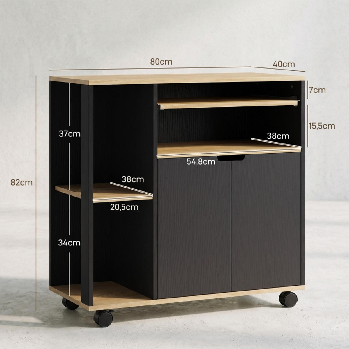 KÜCHENINSEL Schwarz mit Stauraum, Servierwagen mit Rollen, für Küche, 80/82/40 cm - Schwarz, Holzwerkstoff (40/82/80cm) - Rolipo