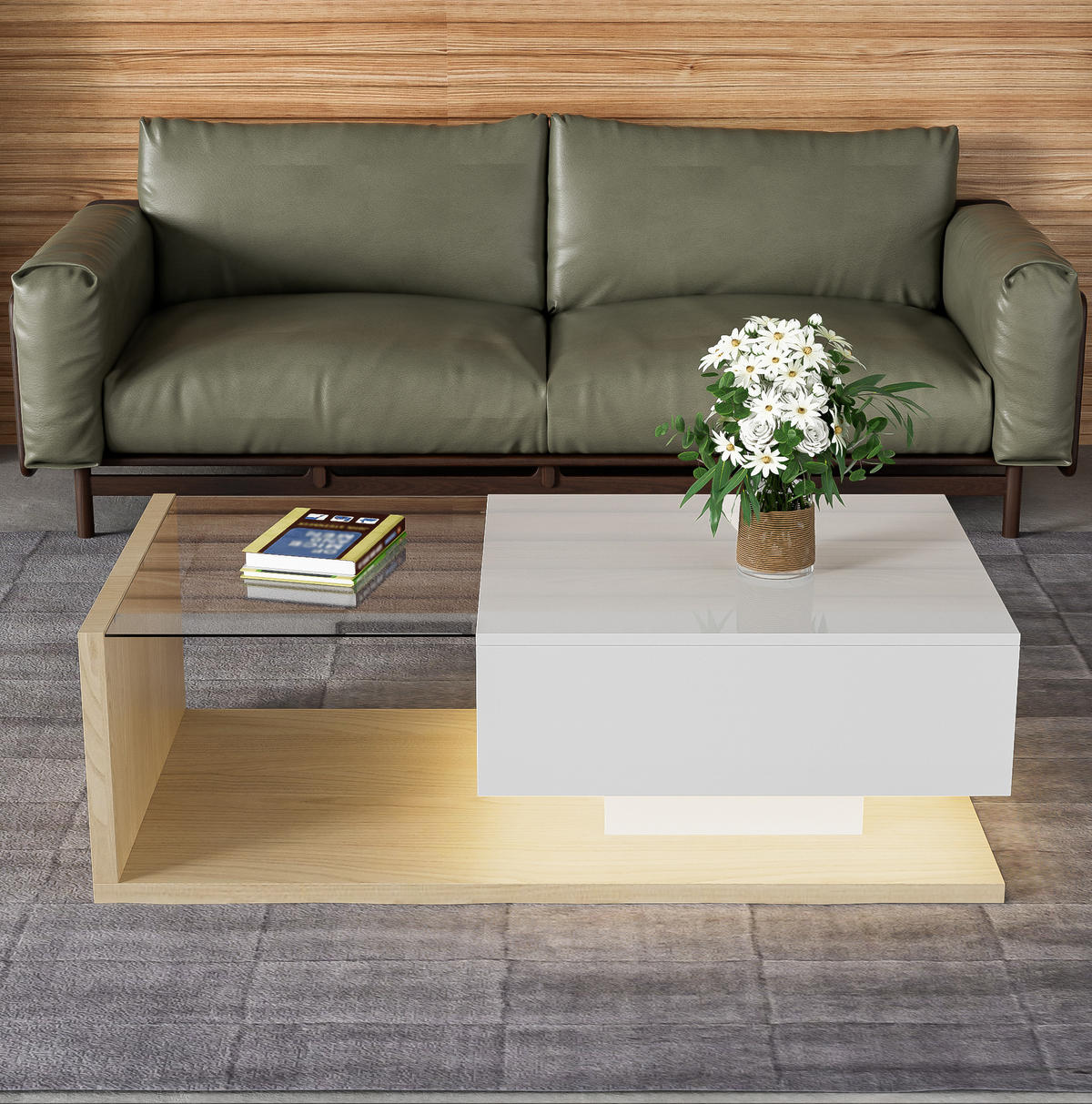 COUCHTISCH, Holzton/Hochglanz Weiß mit Glasplatte & 16-farbiger LED-Beleuchtung, 105/55/32,5 cm,Naturfarben - Naturfarben, Holzwerkstoff (55/105/32.5cm) - Redom