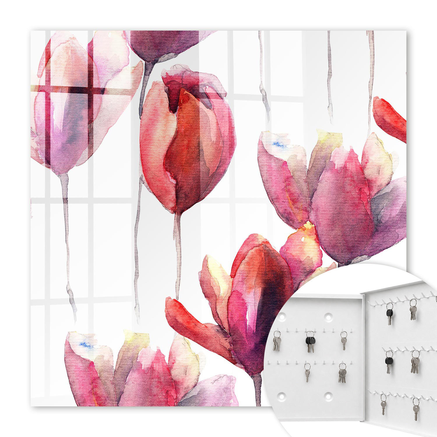 SCHLÜSSELBOX Weiß 30x30 cm – Türöffnung nach rechts - Aquarell-Tulpen - Rot, Metall (30/30/5cm) - TULUP