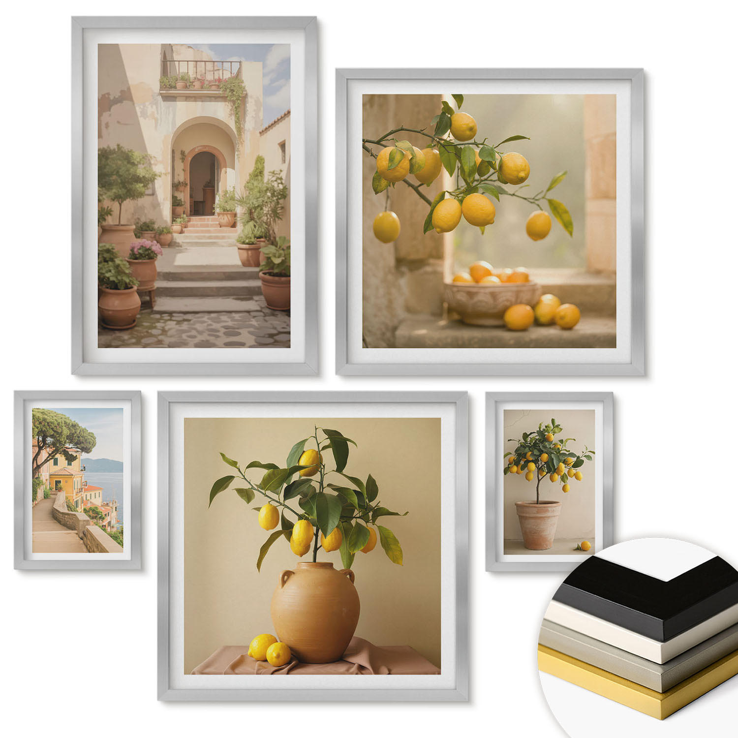 WANDBILDER 5er Set - 50x50 cm & 20x30 cm & 40x60 cm Silberner Rahmen - Frische, farbenfrohe Zitrusfrüchte - Silberfarben, Kunststoff (40/60cm) - ArtPrintCave