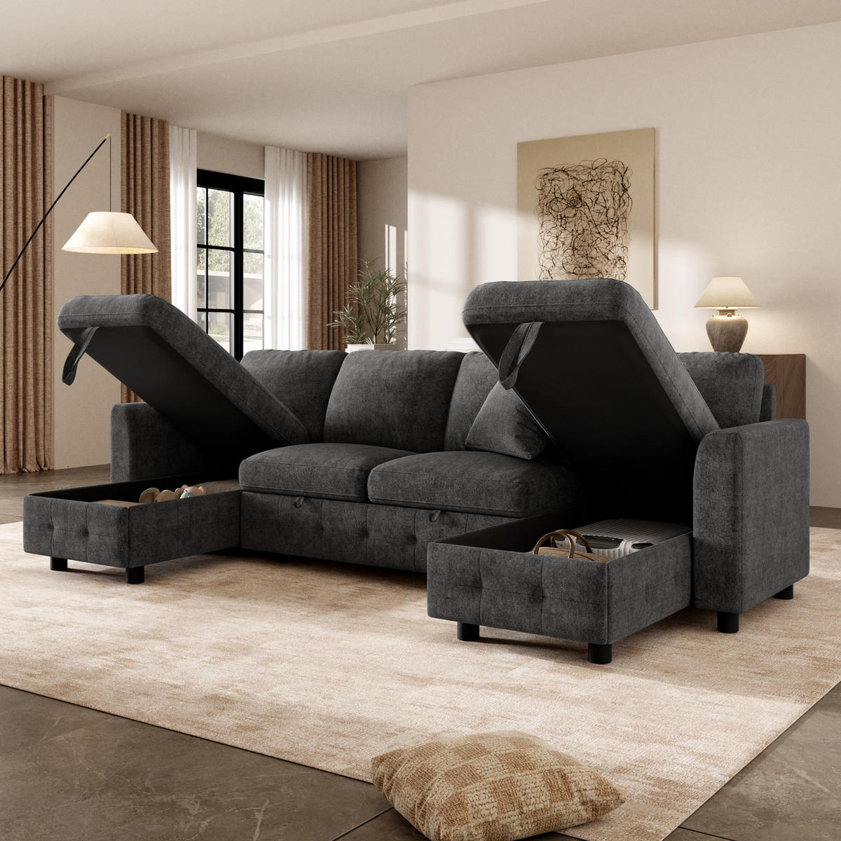 SOFA U Form Chenille Schlafsofa USB Type C Stauraum Grau - Dunkelgrau, Textil (260/82/128cm) - FLIEKS