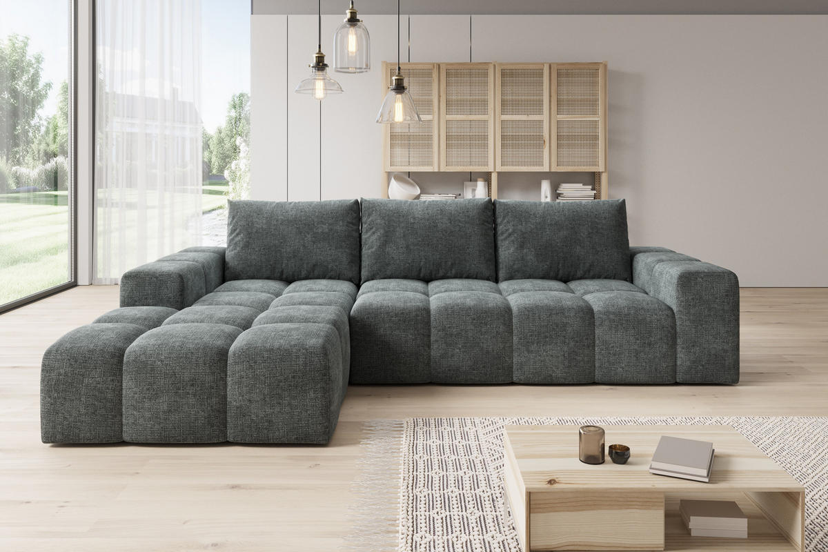 ECKSOFA Cento, L-Form, Ottomane links, Webstoff, 285x56x180 cm, Grau - Grau, Holz (180/285cm) - PROMETO Möbel