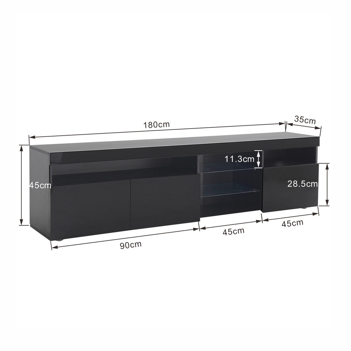 TV Lowboard LED, 3 Türen, 2 Glasregale, Schwarz - Schwarz, Holz (180/45/35cm)