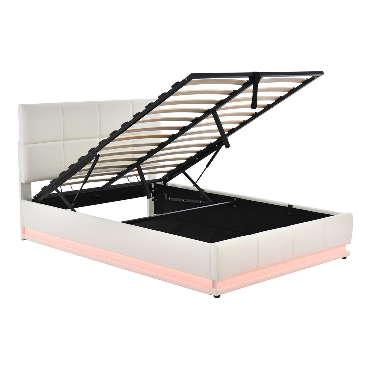 POLSTERBETT 140/200 cm Weiß mit LED-Beleuchtung und hydraulischem Bettkasten - Weiß, Textil (140/200cm) - OKWISH
