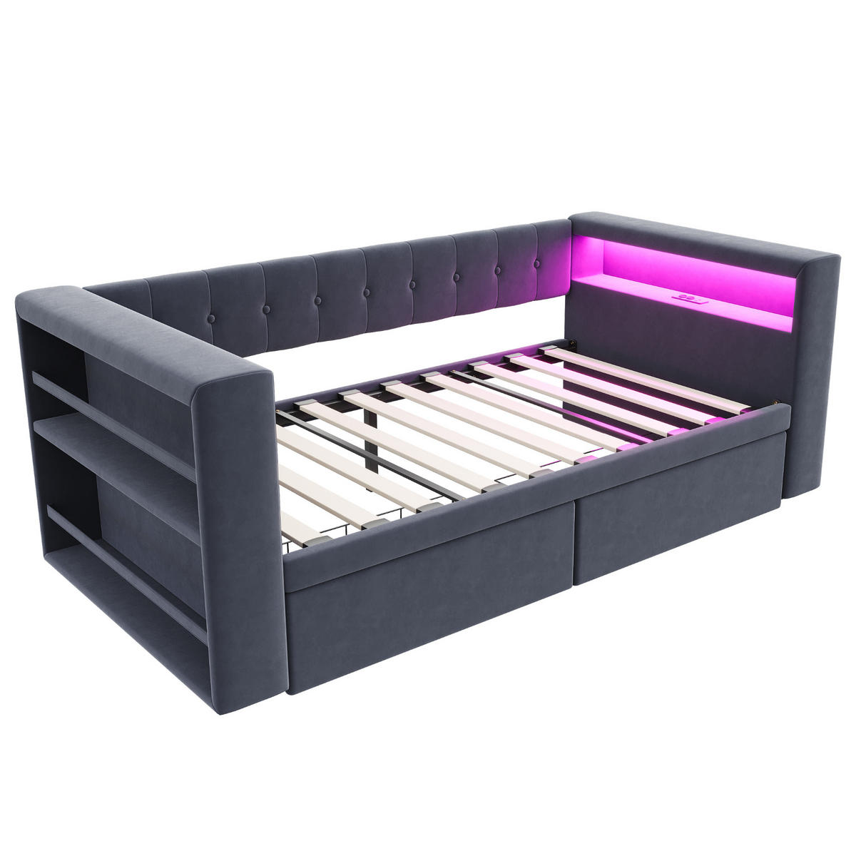 POLSTERBETT 90/190 cm dunkelgrau mit LED-Beleuchtung und großem Stauraum - Dunkelgrau, Textil (90/190cm) - OKWISH