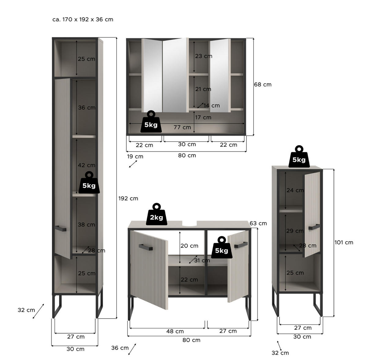 BADMÖBEL-SET 4-teilig Scana in schwarz, sand 170 cm, Kombination mit Soft-Close - Sandfarben/Schwarz, Glas/Holzwerkstoff (170/192/36cm) - Inn.Furn