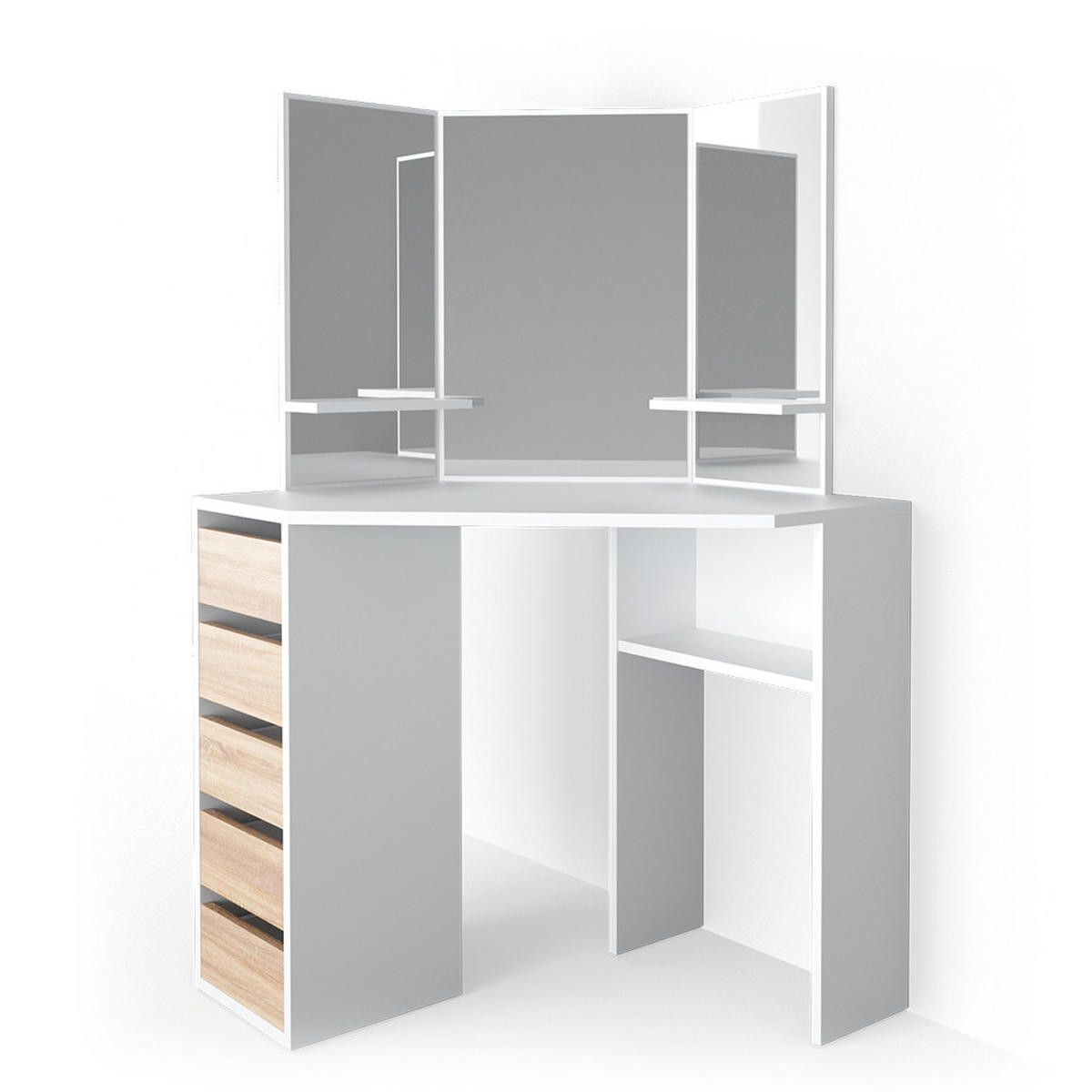 ECKSCHMINKTISCH Arielle Weiß/Sonoma 110 cm - Weiß/Sonoma Eiche, Holzwerkstoff (110/141.5/54cm) - Vicco