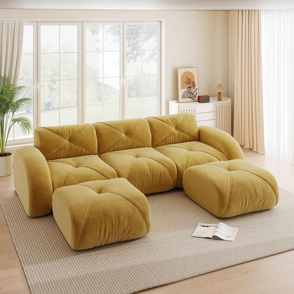 3-SITZER Sofa 281x171x76 cm aus Chenille-Stoff rahmenlos modular mit 2 Hockern, gelb - Gelb, Textil (171/76/281cm)
