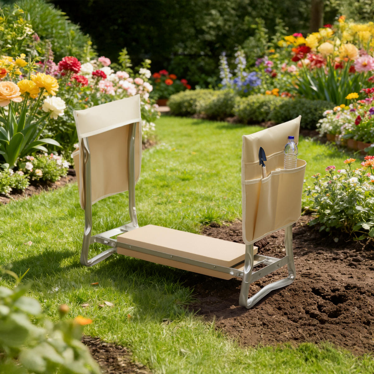 KNIEBANK - Beige, Textil/Metall (60/50/27.5cm) - Relaxdays