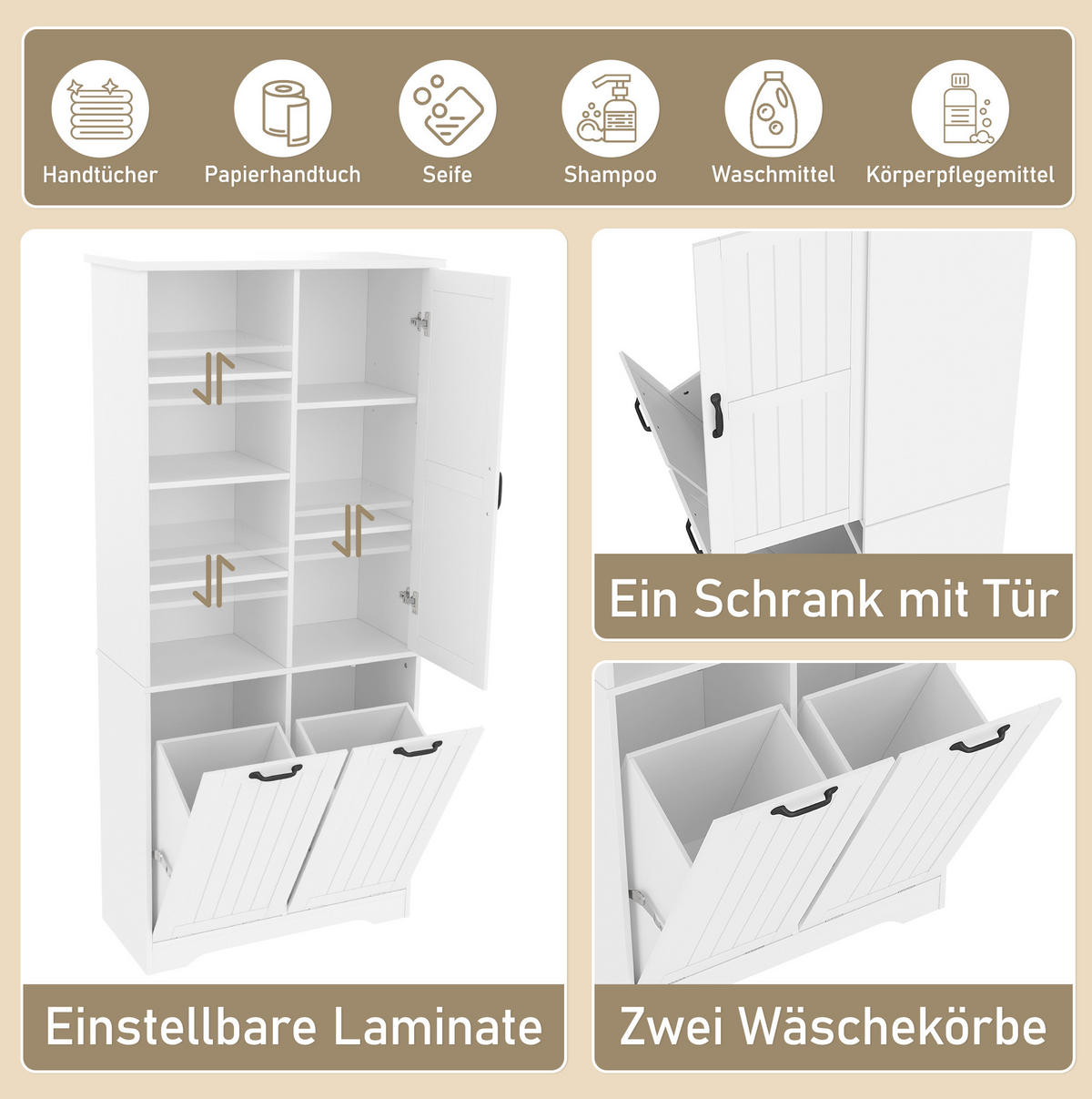 BADEZIMMERSCHRANK 78x35x172.7cm in Weiß, feuchtigkeitsbeständig mit 2 Wäschekörben - Weiß, Holzwerkstoff (78/172.7/35cm) - Modfu