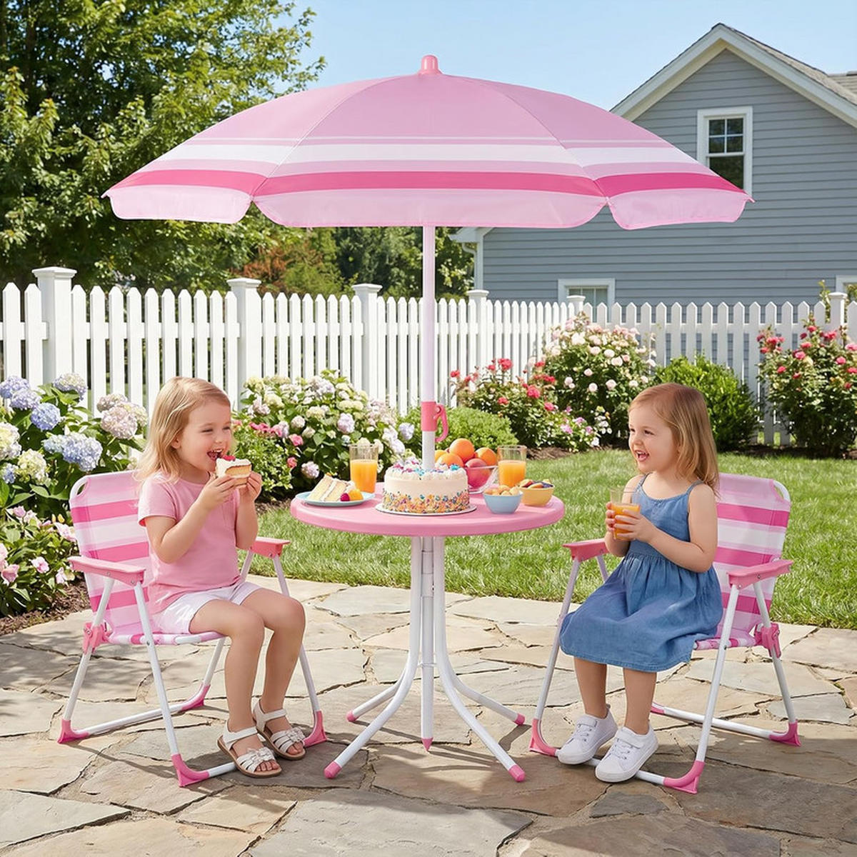 KINDER-SITZGRUPPE mit Sonnenschirm rosa(4-tlg) - Pink, Metall - COSTWAY