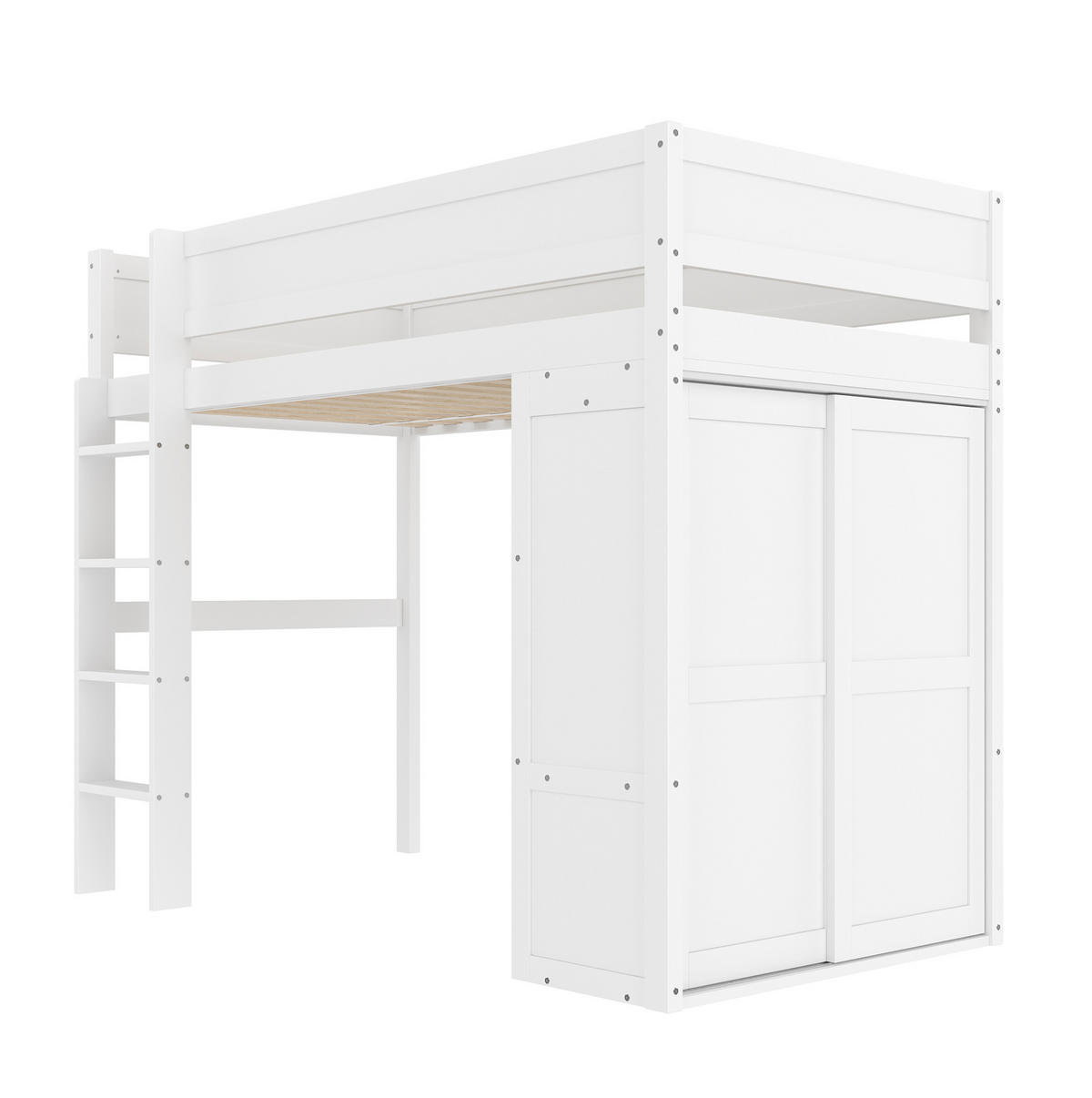 HOCHBETT 90/200 cm mit Kleiderschrank, Staufach und offenem Unterbettraum aus Kiefernholz und MDF, Weiß - Weiß, Holz (90/200cm) - Redom