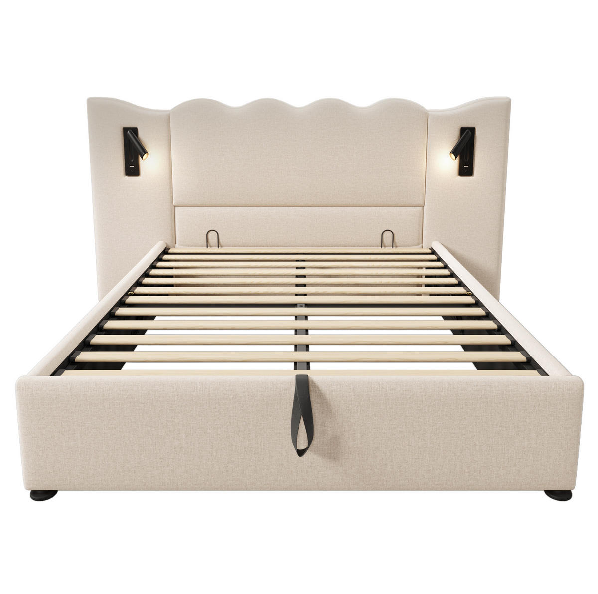 POLSTERBETT aus Leinen 160x200 cm in Beige mit Matratze & USB-C - Beige, Textil (160/200cm) - Modfu