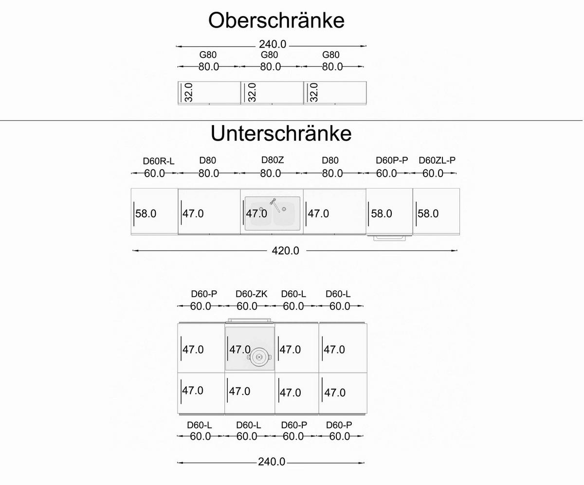 INSELKÜCHE-KÜCHENZEILE 420 cm Glanzia – KU-S14 – Grau – Hochglanz - Grau, Holzwerkstoff (420/212/60cm) - hi-markt