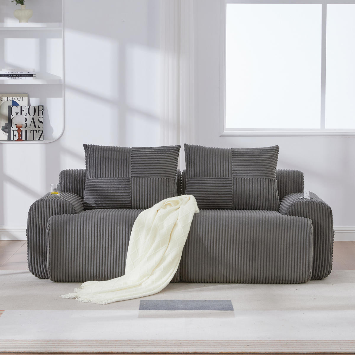2-SITZER-SOFA aus Cordstoff 200x99x80 cm in Dunkelgrau mit Cupholder - Dunkelgrau, Textil (99/80/200cm) - Modfu