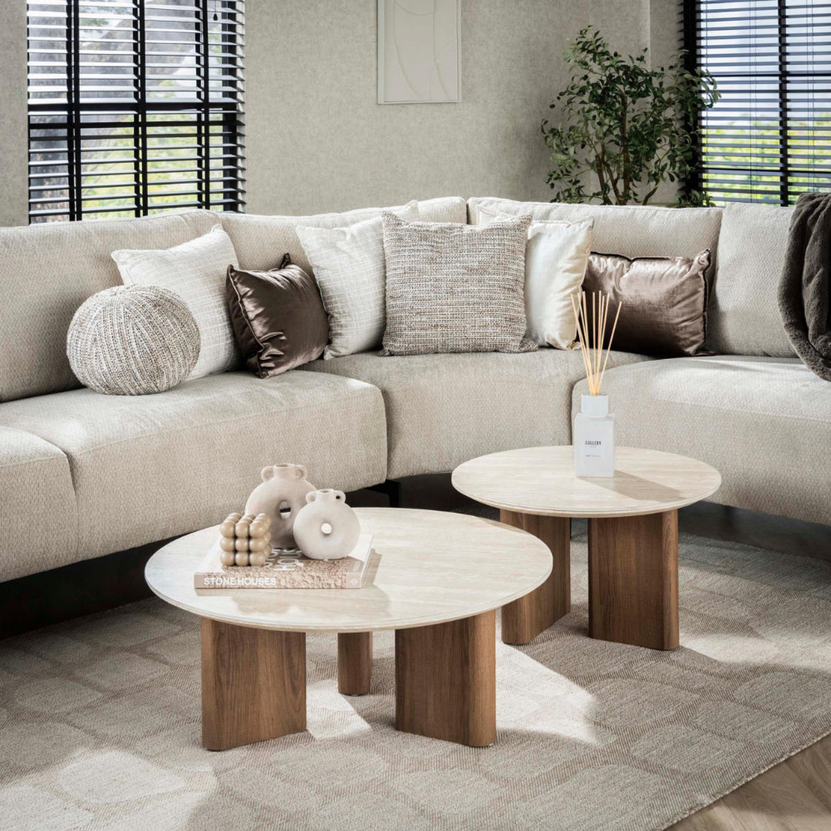 COUCHTISCH-SET ROMANO SCULTURA 2-teilige runde Satztische mit skulpturalen Panel-Beinen - Beige/Braun, Keramik (76/76/30cm) - alesvelt