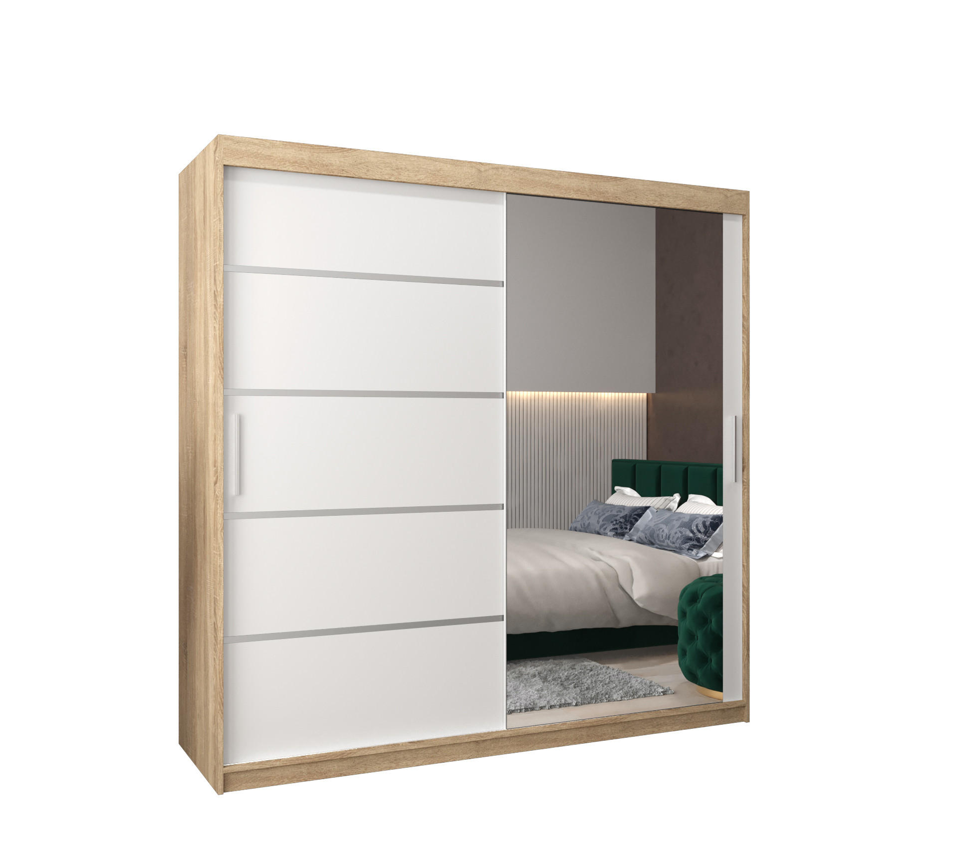 MÖBEL KRYSPOL SCHWEBETÜRENSCHRANK Sonoma Eiche, Weiß, Silber 200cm × 62cm × 200cm