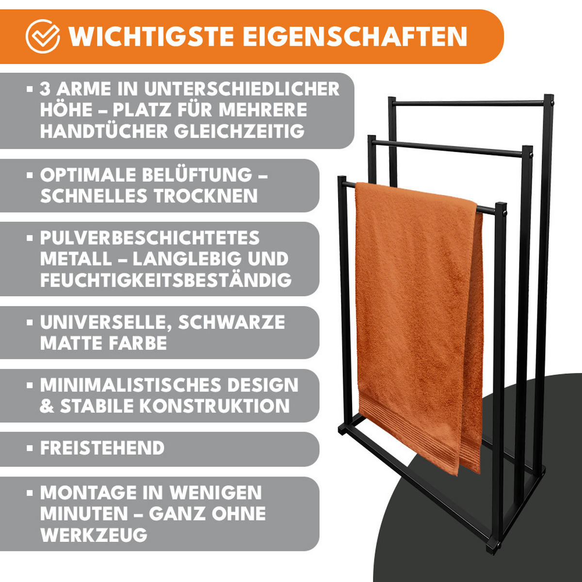 HANDTUCHHALTER ohne Bohren - Schwarz, Metall (44/87/21cm) - KRUMAD