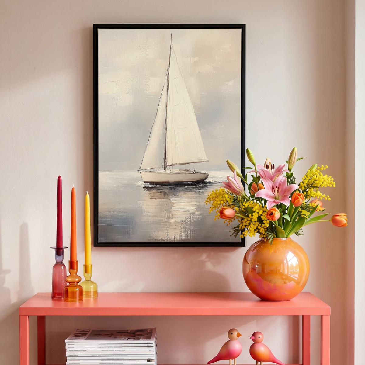 LEINWAND Bilder mit Rahmen - Segelschiff - Meer - Bewölkt - 40x60 - Creme, Textil (40/60cm) - MuchoWow