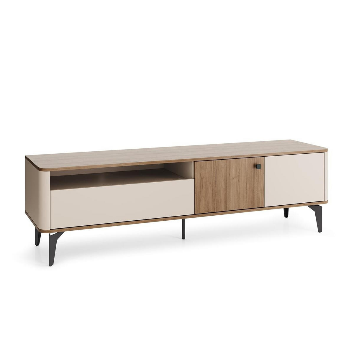 RTV-SCHRANK Aurena Kaschmir und Walnuss, Fernsehtisch mit abgerundeten Seiten - Beige/Schwarz, Holzwerkstoff/Metall (180/51/40cm) - Bettso