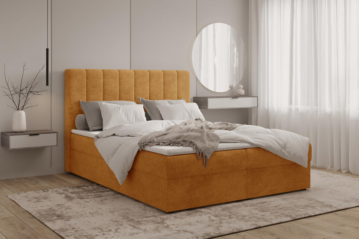 BOXBETT 01 160 x 200 cm - Arena – Stilvoll und bequem Mit Bettkasten, PU-Topper, Federmechanismus, waschbarer Bezug - Goldfarben, Holz (160/200cm) - ROYAL24_MARKT