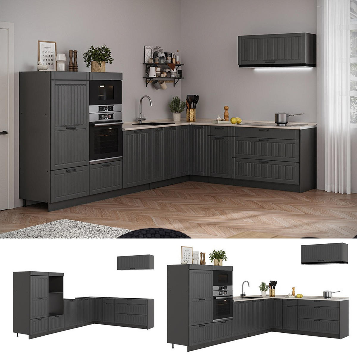 KUHINJA U OBLIKU SLOVA L Fame-Line, Tamnosiva/Antracit, 327 x 227 cm bez radne ploče - tamno siva/antracit, drvni materijal (327/153.6/51.6cm) - Vicco