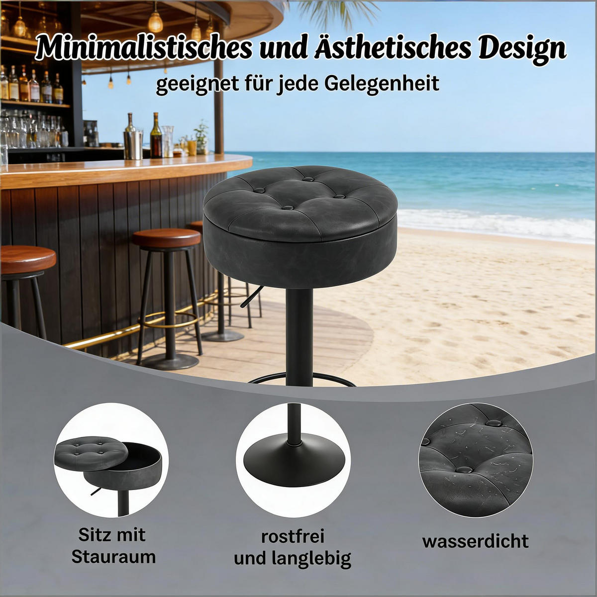 BARHOCKER 1er-Set Charcoal mit Aufbewahrungsraum Kunstleder & Höhenverstellbar - Anthrazit, Metall (39/79.5/39cm) - PANGIVO