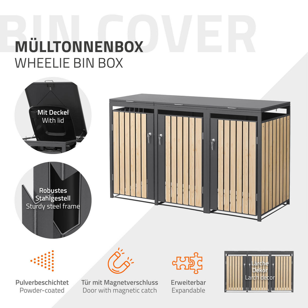 MÜLLTONNENBOX 3er Anthrazit-Lärchenoptik - Naturfarben, Metall (200/120/80cm) - ML-DESIGN