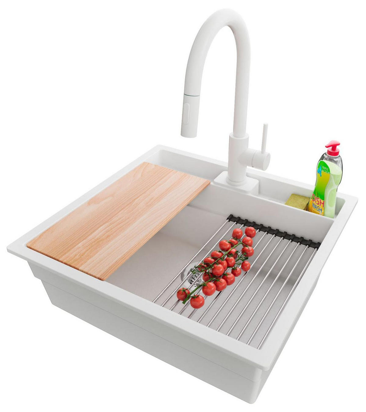 GRANITSPÜLE Bergen Pocket, 2-er set Weiß 56/54 cm 1 Becken + Küchenarmatur 40/20 cm + Ablauf-Set + Küchenzubehörset ab 60er Unterschrank - Chromfarben/Beige, Kunststoff (56/20/54cm) - Primagran