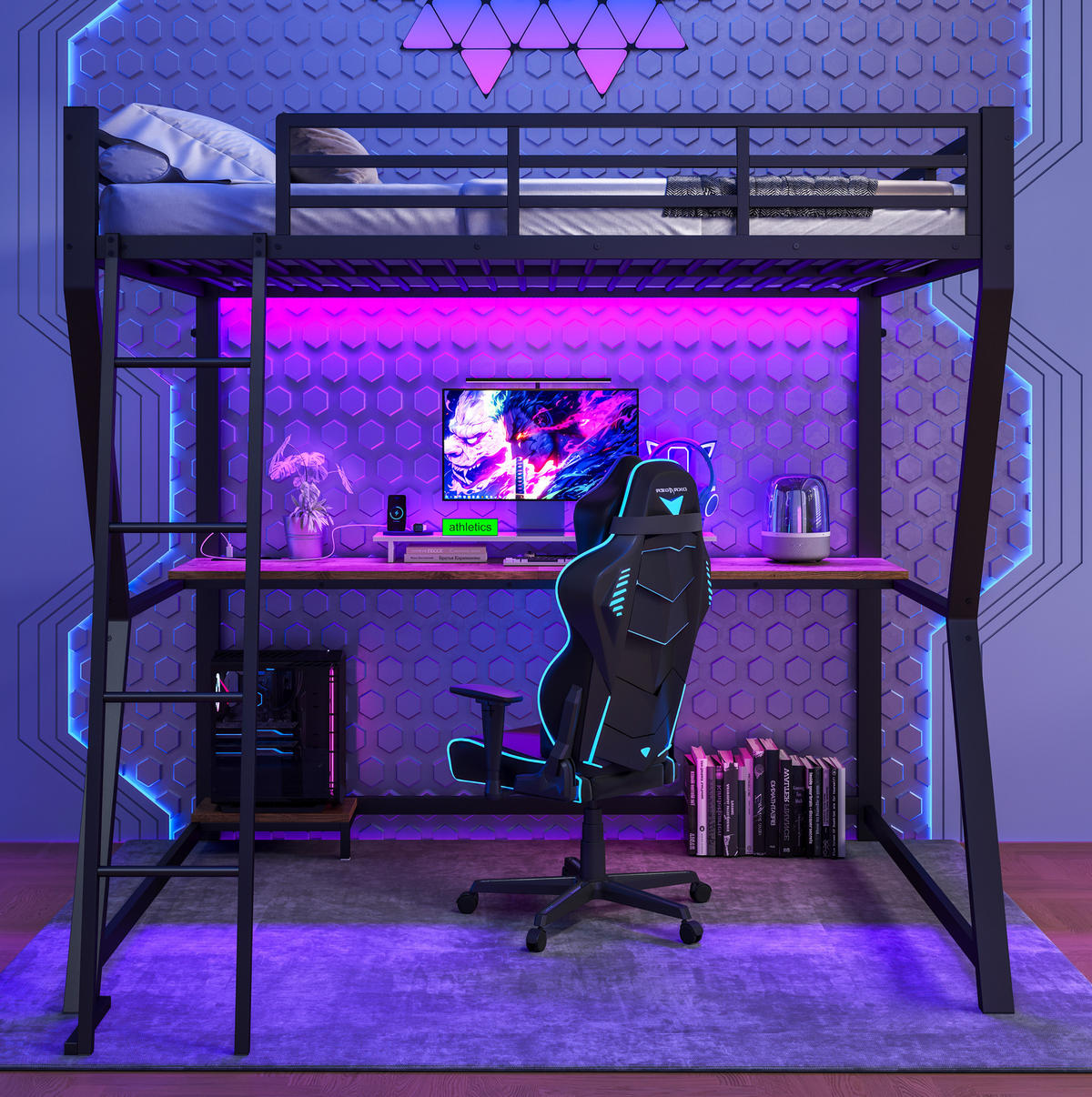 HOCHBETT 140/200 cm aus Metall mit LED und Schreibtisch, Schwarz - Schwarz, Metall (140/200cm) - OKMYHOME