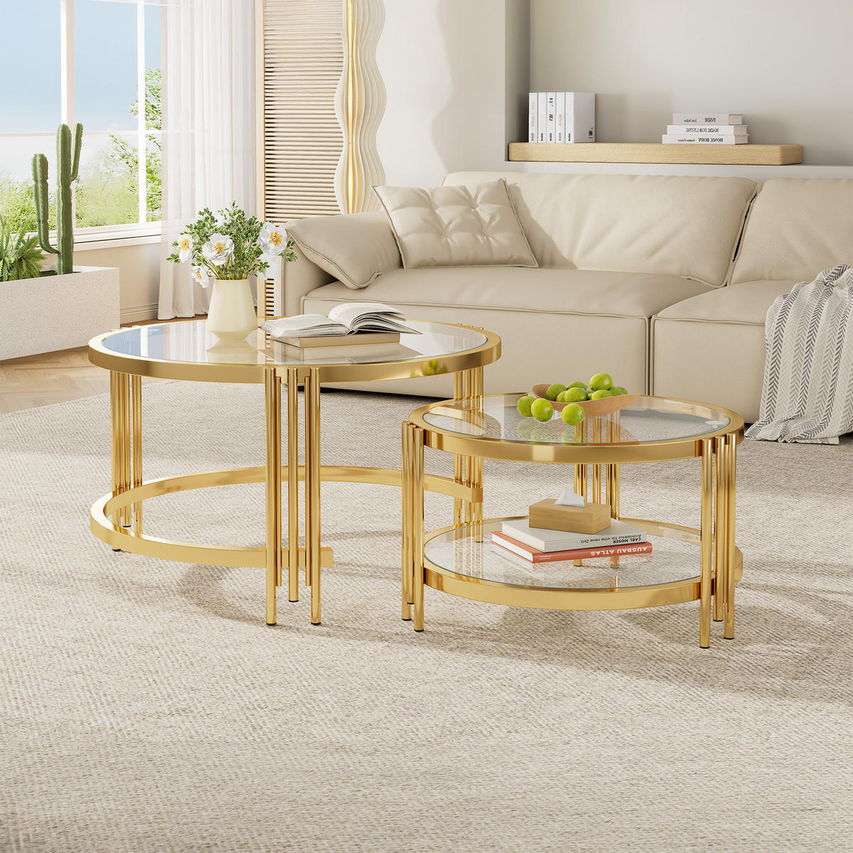 COUCHTISCHE rund, Gold-Titan Metallrahmen mit Glasplatten, modern klassisches Design - Goldfarben, Holzwerkstoff (80/80/45cm) - OKMYHOME