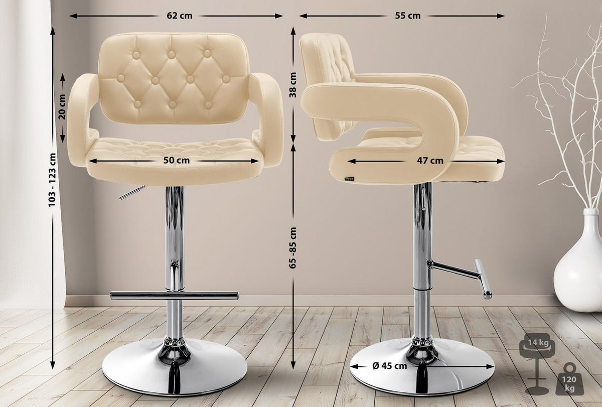 BARHOCKER Dublin 103-123x62x55 cm creme - Creme, Leder (62/103/55cm) - furnicato