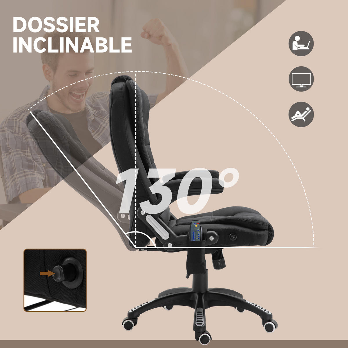 CHEFSESSEL DE-11823 mit Massage & Heizung Schwarz - Schwarz, Textil (72/120/68cm) - ComfortXL