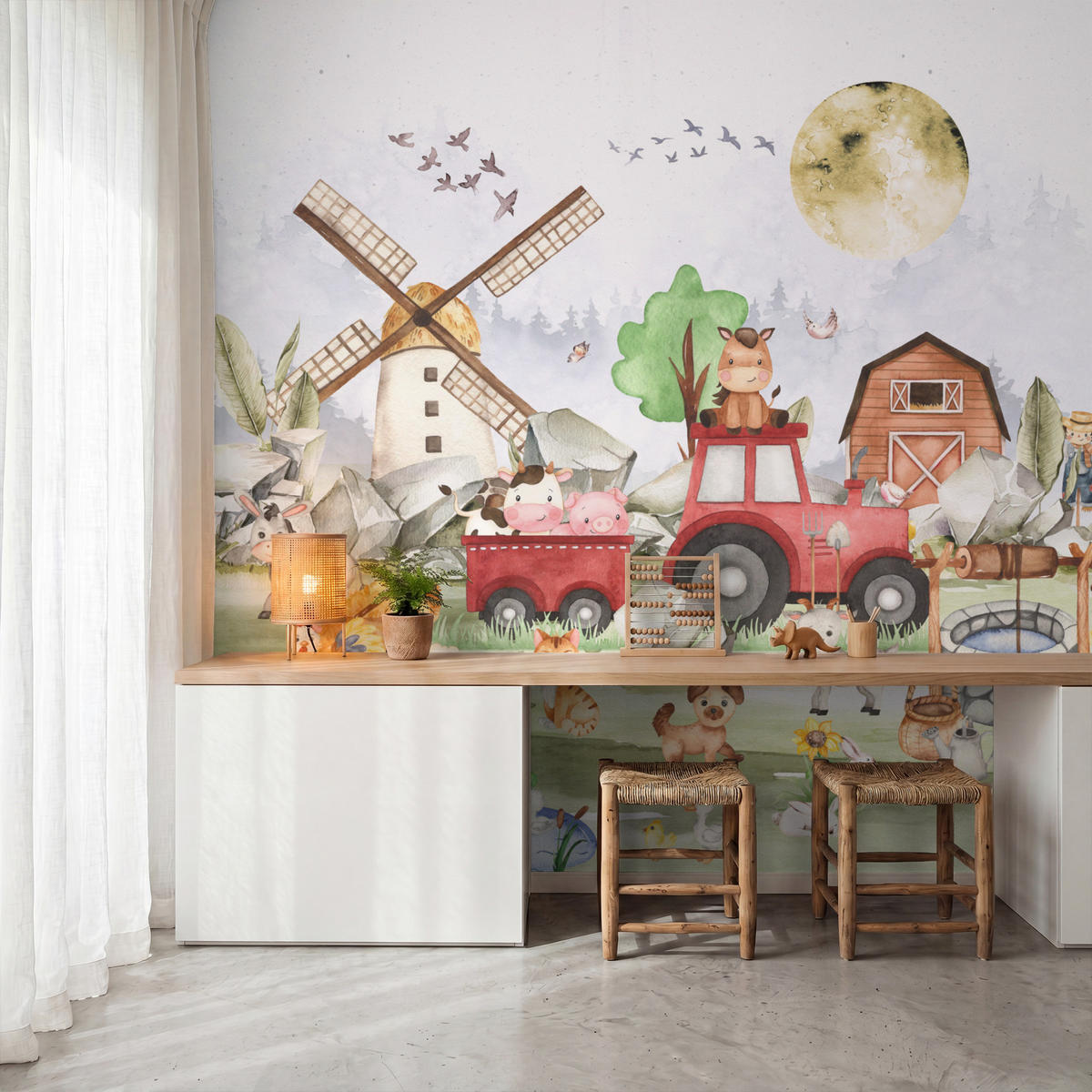 KINDERTAPETE - Bauernhof - Traktor - Kinder - Tiere - 260x240 cm - Weiß, Papier (260/240cm) - OnlyWow
