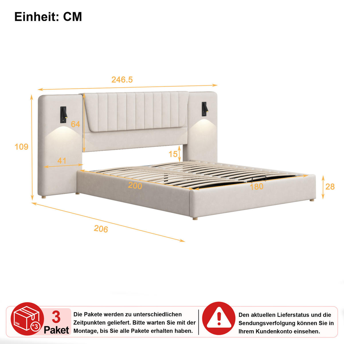 POLSTERBETT 180/200 cm in Beige Samt mit Bettkasten, Leselampen und USB - Beige, Holzwerkstoff/Textil (180/200cm) - WISHDOR