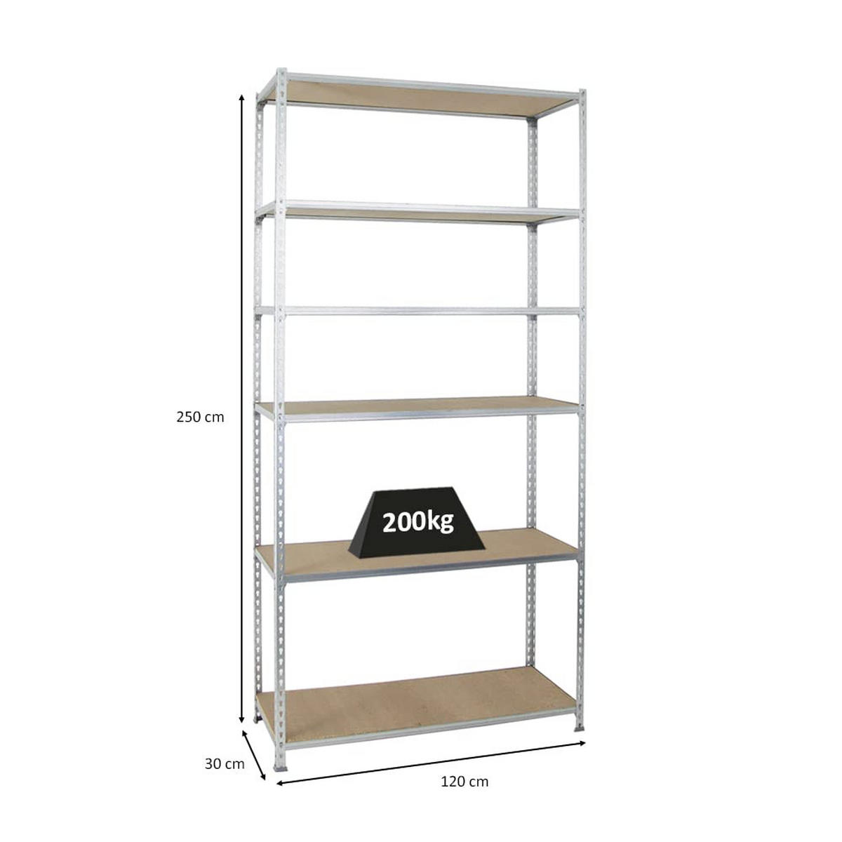 SCHWERLASTREGAL Giant Muli HxBxT 250 x 120 x 30 cm 6 Fachböden Fachlast 200 kg Verzinkt - Silberfarben, Metall (120/250/30cm) - PROREGAL