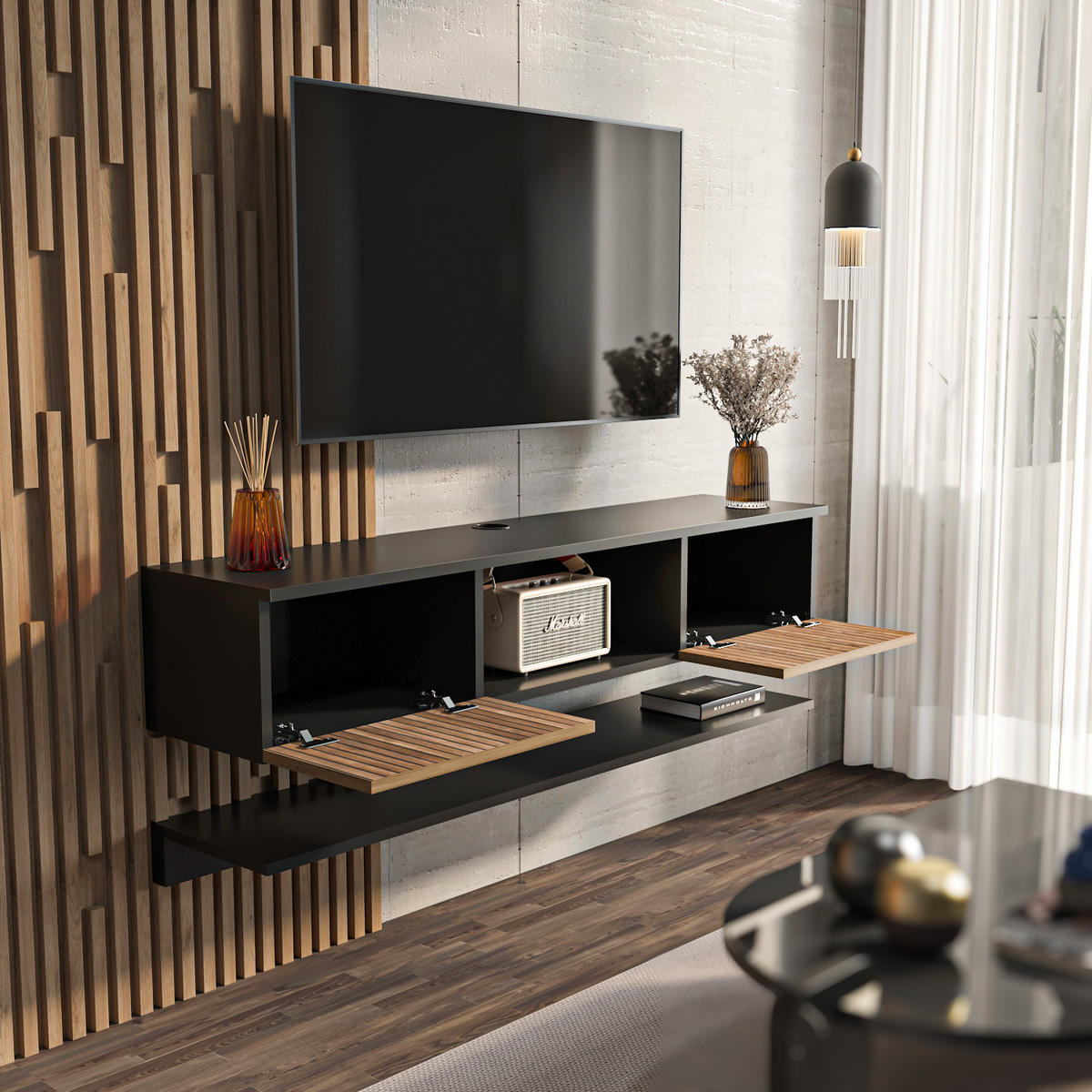 TV-ELEMENT Elia Schwarz - Hellbraun/Schwarz, Holzwerkstoff (140/25.6/32cm) - Decorotika
