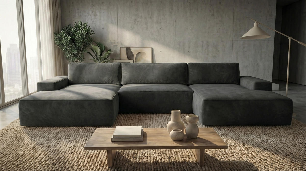 ECKSOFA EINAR 362 cm x 170 cm – Stoff: CASABLANCA Graphit 15 Farbe: Dunkelgrau - Dunkelgrau, Textil (362/170cm) - A&J MöbelLand