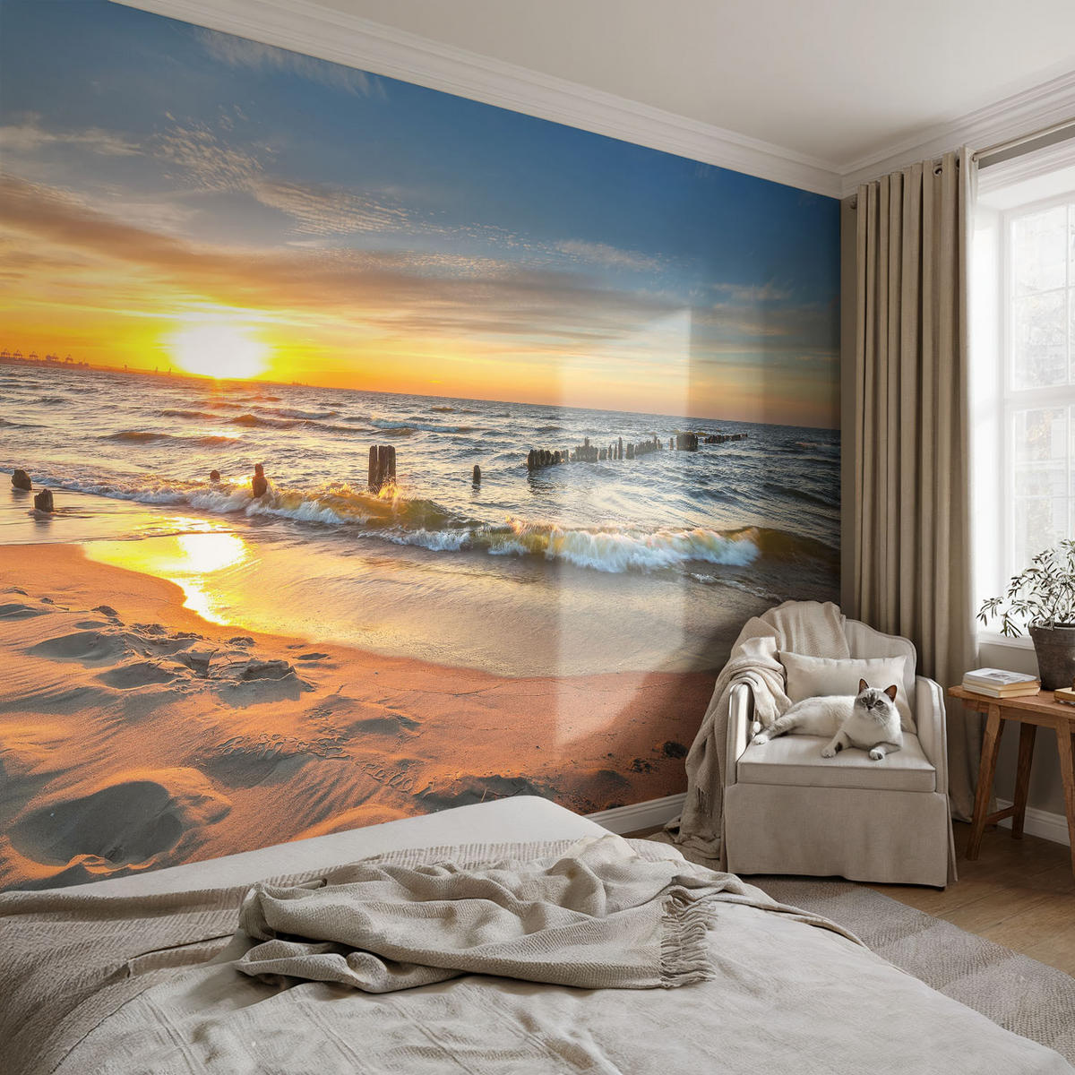 FOTOTAPETE 104x70 cm - Sonnenuntergang am Strand - Gelb, Textil (104/70cm) - Wallfluent