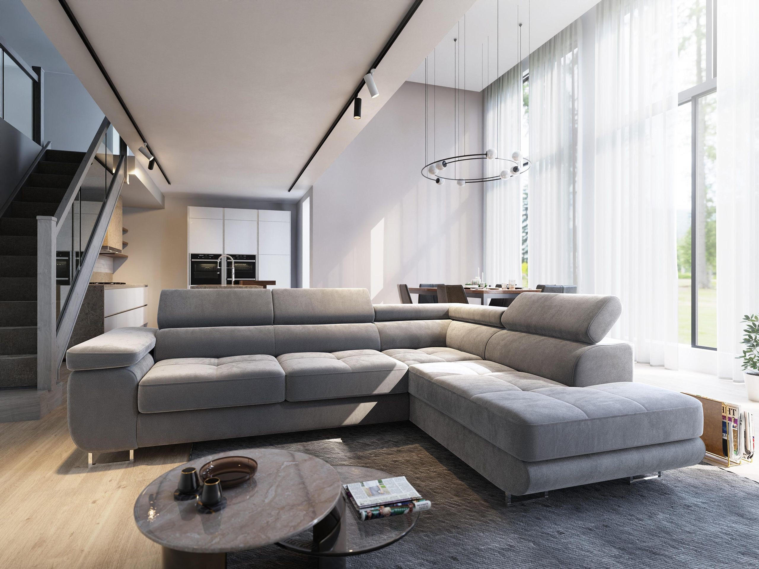 ECKSOFA SELVA R-S Hellgrau Velours-Stoff mit Schlaffunktion - Hellgrau, Holz (275/202cm) - MASSENO