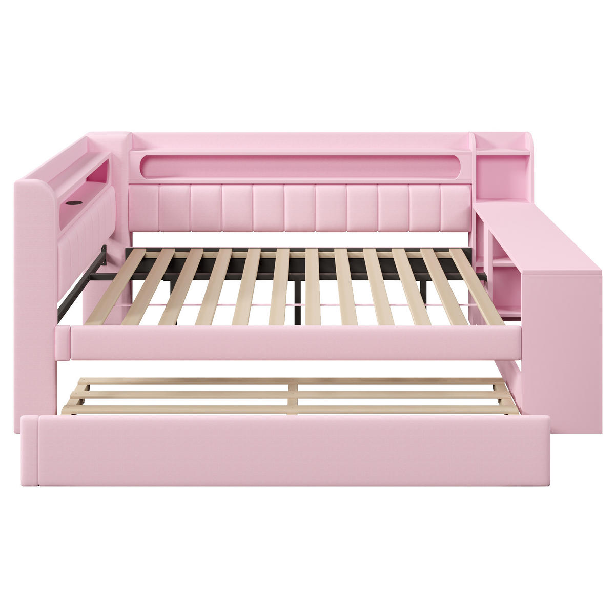 POLSTERBETT 140/200 cm rosa aus MDF mit LED und USB mit Ausziehbett und Schreibtisch - Rosa, Holzwerkstoff (140/200cm) - OKWISH