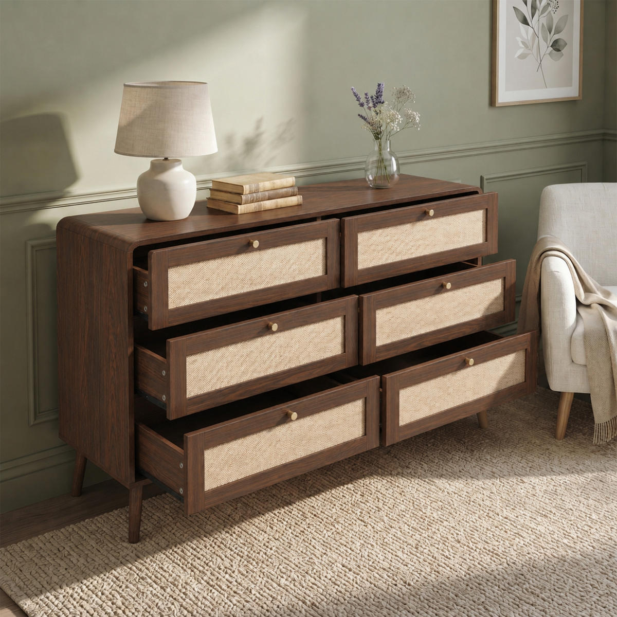 KOMMODE 120cm Walnuss mit 6 Schubladen und Rattan - Walnussfarben, Holzwerkstoff (120/80/40cm) - FLIEKS