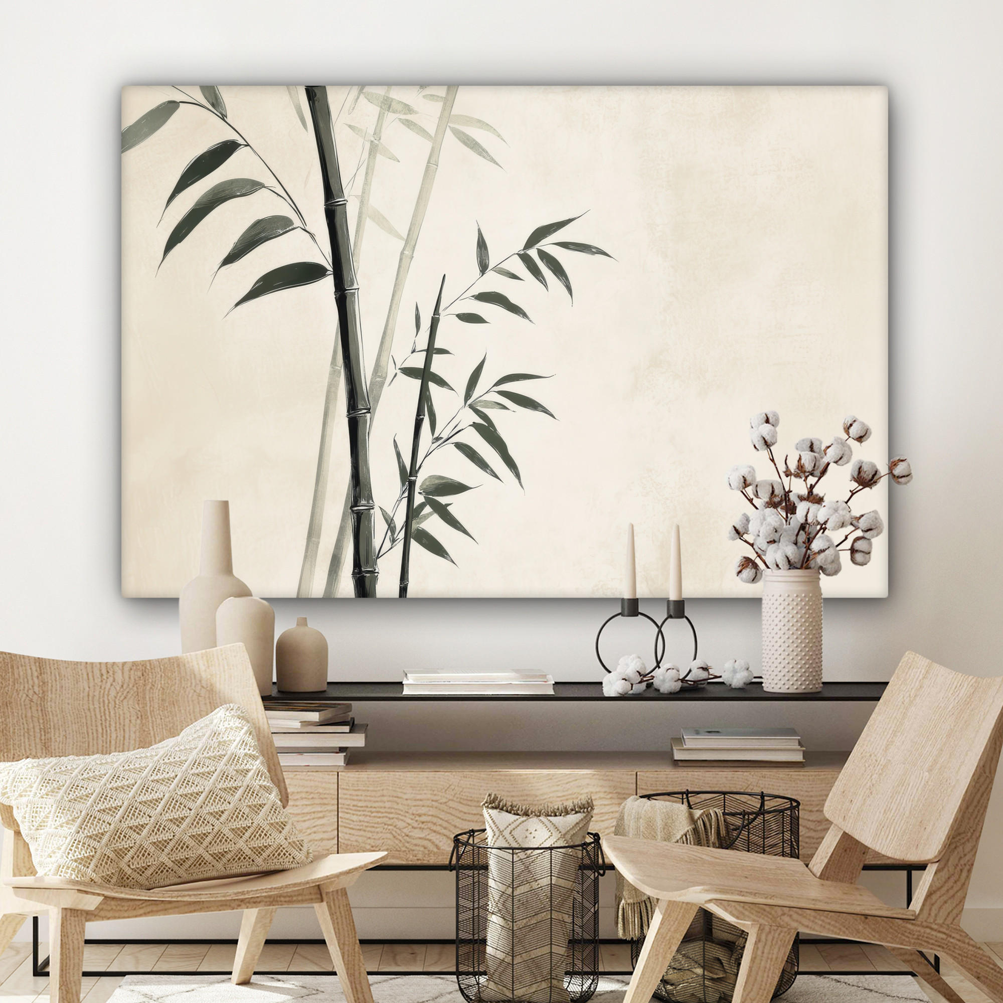 LEINWANDBILD Japandi - Bambus - Beige XXL 150x100 cm - Eukalyptusholzfarben, Textil (150/100cm) - MuchoWow